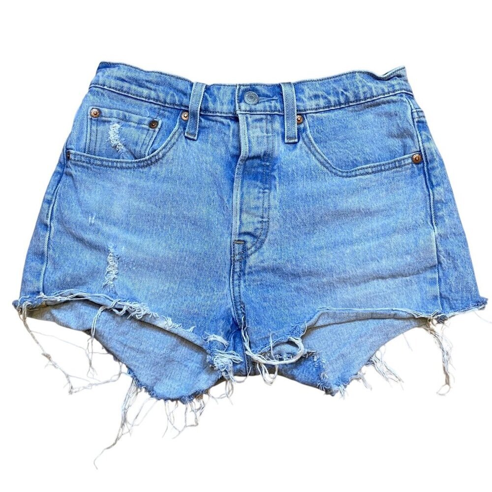 Levis 501 High-Waisted Distressed Denim Shorts With Frayed Hem Button Fly Light‎